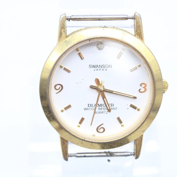 SWANSON Diamond Watch Mens Gold Tone Stainless Steel Classic White Dial Quartz - Picture 1 of 5